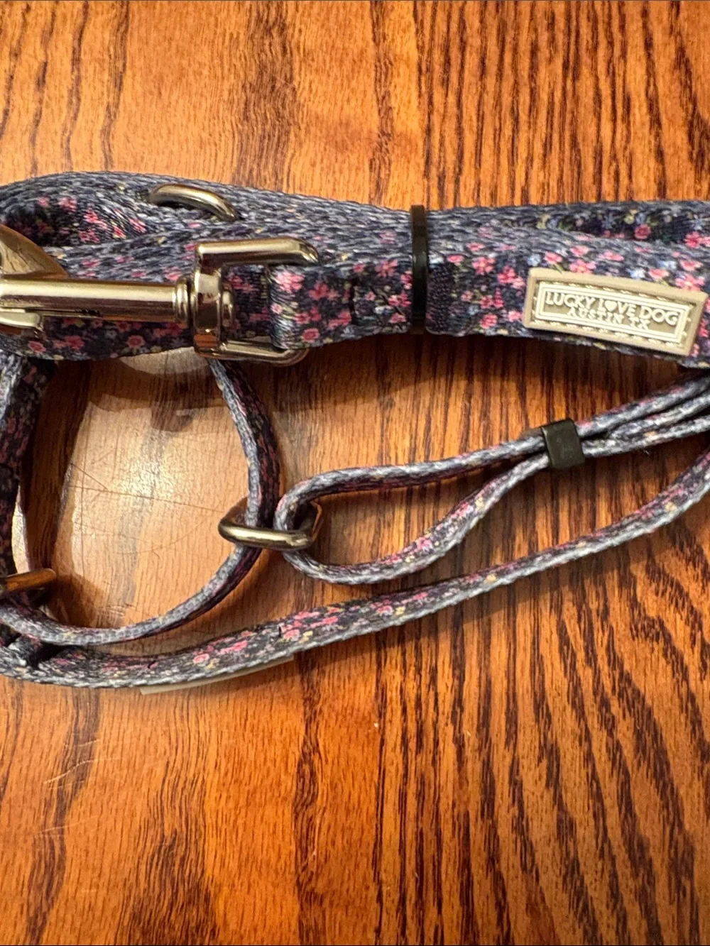 Lucky Brand Gray Floral Dog Leash and Harness Set with Pink Accents